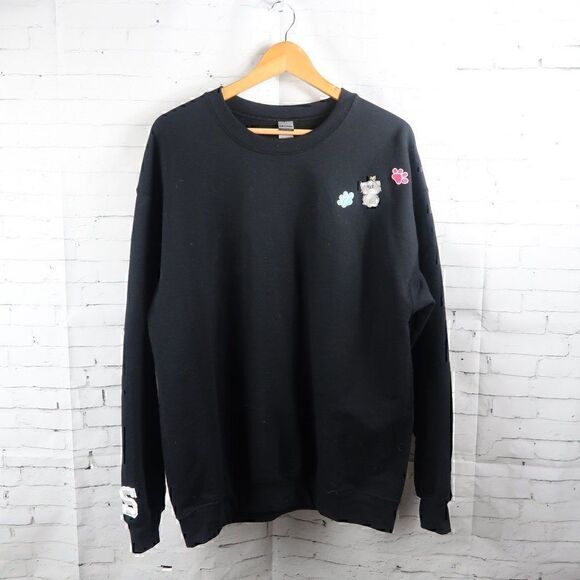 GILDAN BLACK HEAVY BLEND CREW NECK LONG SLEEVE SWEATSHIRT WITH CAT & PAW PATCHES - Picture 1 of 6